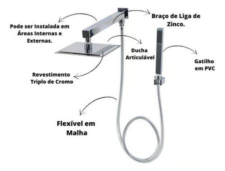 Imagem de Ducha Slim Quadrada 20cm. Com Desviador E Gatilho Quadrado