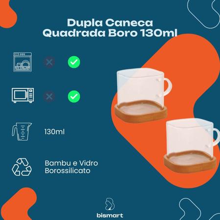 Imagem de Dupla Caneca Quadrada de Vidro para Café 130ml com Base Bambu