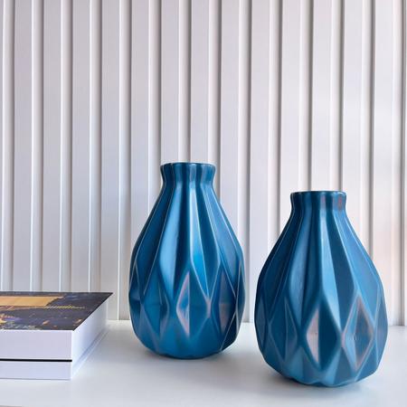 Imagem de Dupla vaso centro de mesa azul trabalhado geométrico 3D