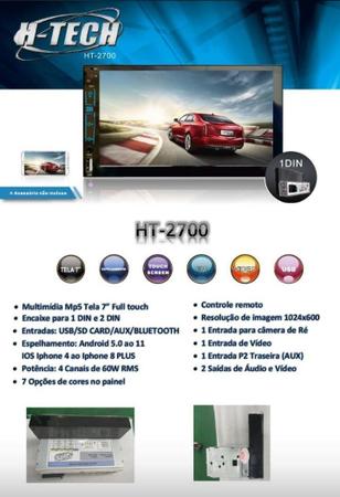 Imagem de Dvd 1 Din 2din Multimídia Htech Ht-2700 Tela 7 Bluetooth Usb