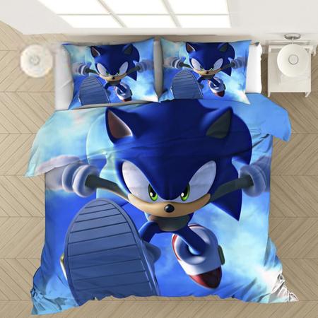 AMLUCASBRIDAL Conjunto de cama Sonic The Hedgehog capa de edredom conjunto  de cama Sonic para meninos e meninas decoração de quarto 3 travesseiros com  2 fronhas azul royal preto vermelho queen 014
