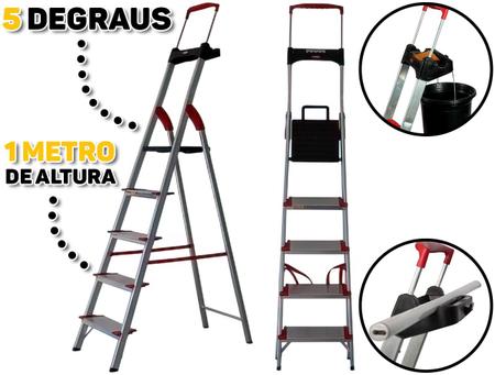Imagem de Escada de Alumínio 5 Degraus Multiuso Dobrável Tesoura Antiderrapante Resistente 150kg Doméstica Construção Alumasa