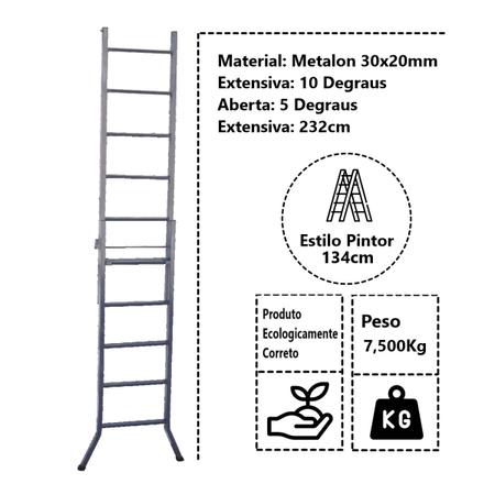 Imagem de Escada Extensiva 3 em 1 Metalon 30x20mm 5 e 10 Degraus 134cm