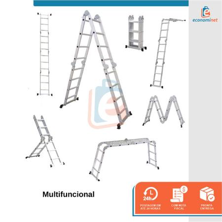 Imagem de Escada Multifuncional com Plataforma 4x4 Alumínio 16 Degraus 150Kg 4,65m
