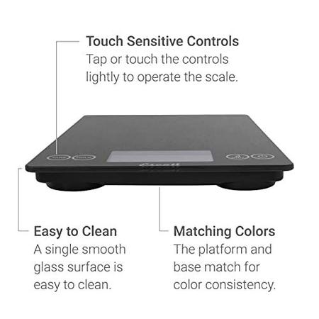 Imagem de Escala de alimentos de vidro Escali Arti, escala digital de bancada, panificação e escala de cozimento com nutrição e contador calórico, capacidade de 15 libras, 9" x 6,5" x .75", Preto