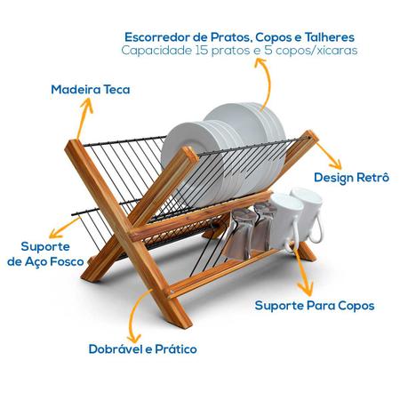 Imagem de Escorredor De Louça Pratos Copos Dobrável Retrô Rústico Madeira Teca Black Sem Bandeja