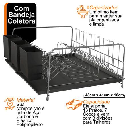 Imagem de Escorredor de louças de plástico e aço com suporte p/ talher