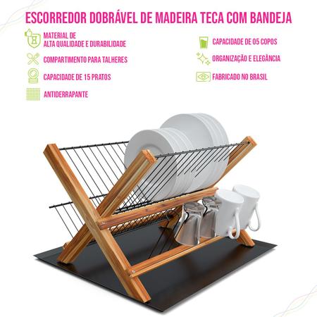 Imagem de Escorredor de Louças Dobrável em Madeira Teca e Bandeja Plastica, 14 Pratos, 5 Copos