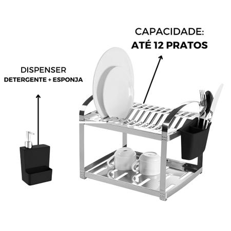 Imagem de Escorredor de Pia Inox + dispenser para detergente e Esponja 2 andares Porta Talher Até 12 Pratos Brinox - 2099/492