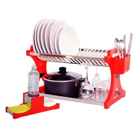 Imagem de Escorredor  Inox 16 pratos Alto Vermelho + Porta sabão