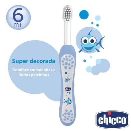 Imagem de Escova de dente para bebê de 6 à 36 meses - chicco azul com protetor de cerdas