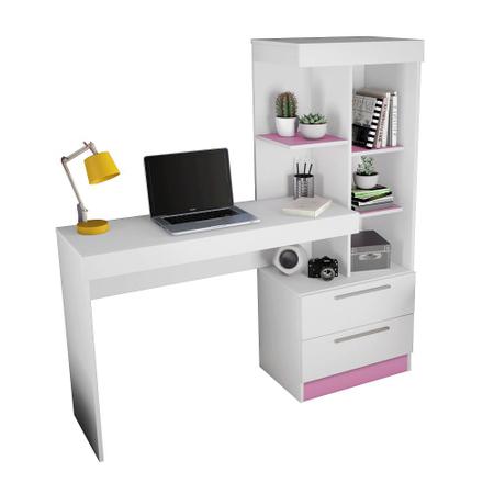 Imagem de Escrivaninha com Estante Office com 2 Gavetas 6 Prateleiras para Escritorio Branco / Rosa Flex