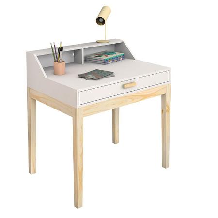 Imagem de escrivaninha infantil branca com gaveta e pes de madeira