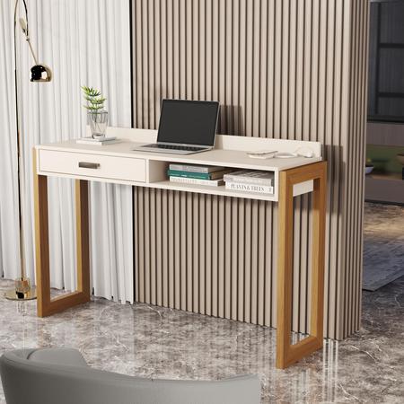 Imagem de Escrivaninha Multifuncional com USB Integrada, 1 Gaveta e Pés de Madeira Maciça - Design Moderno para seus Estudos ou Home Office