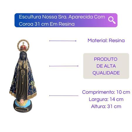 Imagem de Escultura Nossa Sra. Aparecida Com Coroa 31 Cm Em Resina