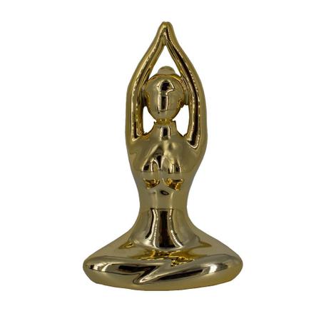 Imagem de Escultura Yoga Porcelana Dourada Mãos acima da Cabeça (11cm)