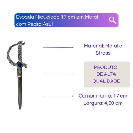 Imagem de Espada Niquelada 17 cm em Metal com Pedra Azul