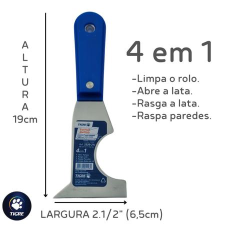 Imagem de Espátula de Aço Polido Tigre 4 em 1 Multiuso Uso Profissional 2.1/2" Limpa o Rolo, Rasga ou Fura a Lata Raspa Paredes Para Para Pintor ou Pedreiro