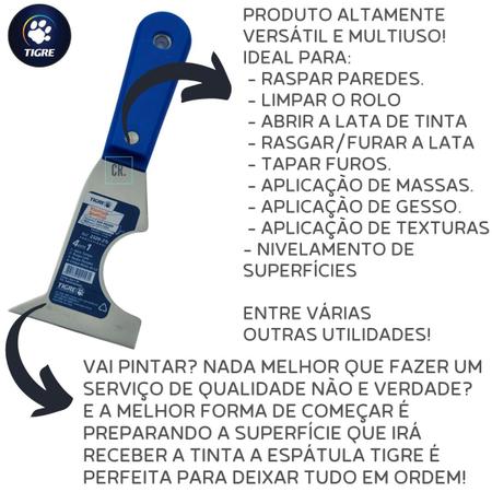 Imagem de Espátula de Aço Polido Tigre 4 em 1 Multiuso Uso Profissional 2.1/2" Limpa o Rolo, Rasga ou Fura a Lata Raspa Paredes Para Para Pintor ou Pedreiro