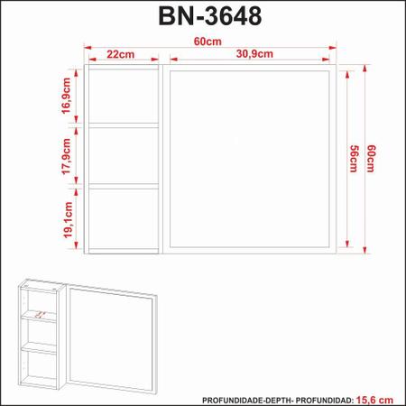 Espelheira para Banheiro 1 Porta Tecno Mobili BN3648 Branco - Tecnomobili Imagem de Espelheira para Banheiro 1 Porta Tecno Mobili BN3648 Branco