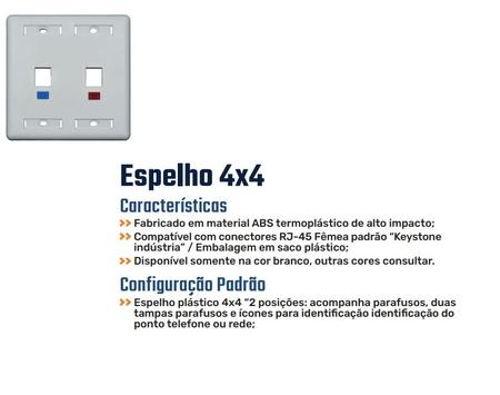 Imagem de Espelho 4x4 P/ Conector Fêmea Rj45 RJ11 Keystone Rede Duplo