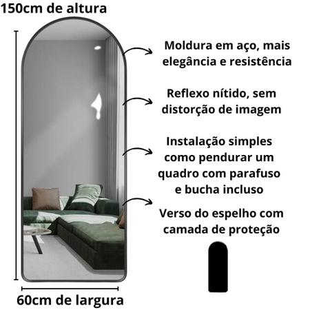 Imagem de Espelho em arco oval corpo inteiro base reta com moldura em metal 150x60 - várias cores