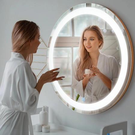 Imagem de Espelho Led 80cm frio Botão Touch Luz Ajustável Dimerizável Redondo luz frontal frente banheiro