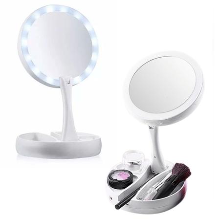 Imagem de Espelho Maquiagem Led Dobrável Aumenta 10x Dupla Face E Gira 