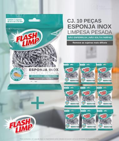 Imagem de Esponja De Aço Inox Limpeza Pesada Conjunto 10 Peças Flash Limp