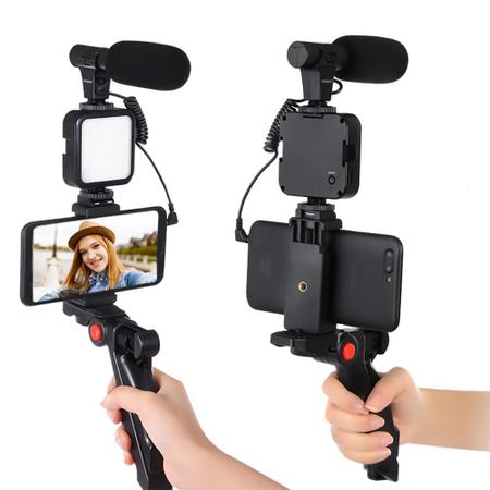 Imagem de Estabilizador de Mão Suporte Celular Câmera Luz Led Iluminação Microfone Profissional Tripé Vlog Gravação Vídeo Youtuber