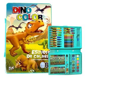 Imagem de Estojo de Pintura Infantil Maleta Escolar Colorir e Desenhar Kit Com 68 Peças Dinossauro