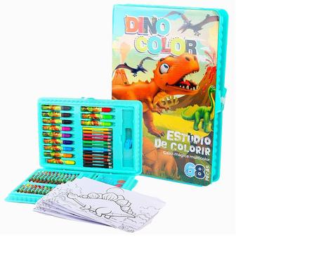 Imagem de Estojo de Pintura Infantil Maleta Escolar Colorir e Desenhar Kit Com 68 Peças Dinossauro