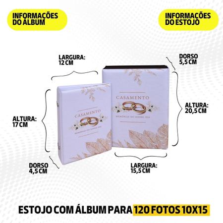 Imagem de Estojo e Álbum 120 fotos 10x15 CASAMENTO BRANCO Casal Noivado Namorados Alianças