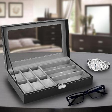 Imagem de Estojo em couro porta relogio oculos organizador guarda 3 oculos e 6 relogios maleta com visor
