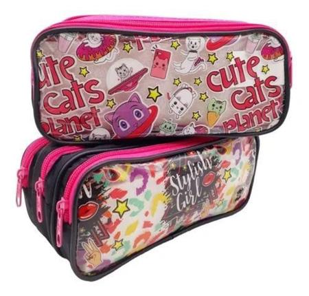 Imagem de Estojo Escolar Triplo Feminino Rosa Com Preto Pink Cute Cats Winth Stylish