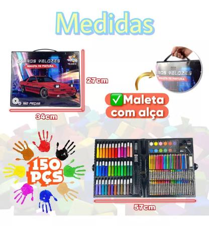 Imagem de Estojo Maleta 150 Peças Infantil Canetinhas Giz Lápis Carros