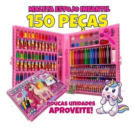 Imagem de Estojo Maleta 150 Peças Infantil Canetinhas Giz Lápis Menina