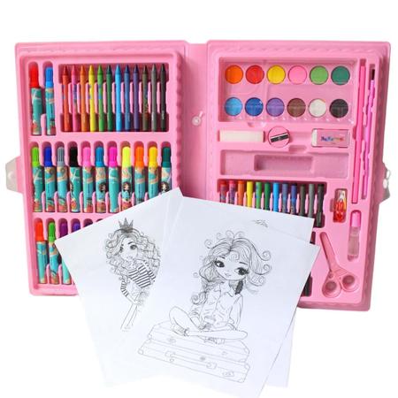 Imagem de Estojo Pintura Maleta Infantil Canetinhas Giz Lápis 86 Peças Rosa Girls de Férias