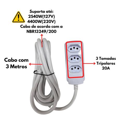 Imagem de Extensao 3 Tomadas Tripolar 20A 3m Branco Force Line