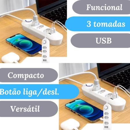 Imagem de Extensão Elétrica Resistente 3 Tomadas 3Usb Com Botão Bivolt