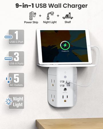 Imagem de Extensor de tomada de parede Mifaso com prateleira, luz noturna, porta USB