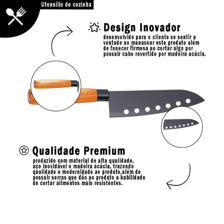 Imagem de Faca Santoku Para Cortes Finos Carnes Aves Alimentos Inox e Acácia Utensílio de Cozinha Restaurante