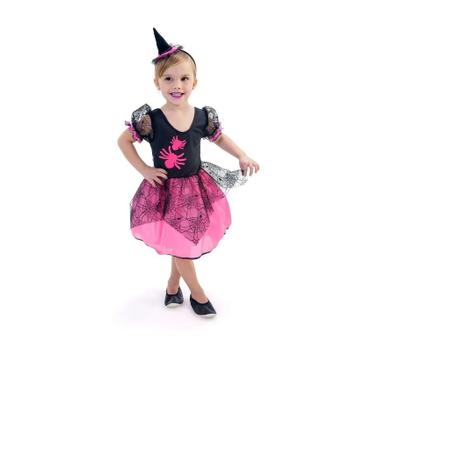 Fantasia Halloween Infantil Menina Bruxinha Bella Com Tiara Mini Chapéu