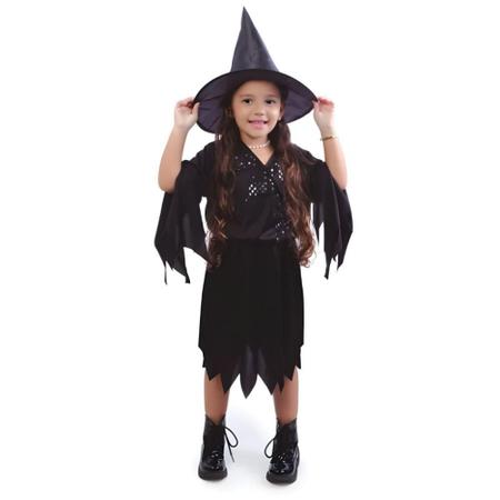 Fantasia Bruxa Halloween Infantil Menina Vestido Preto Clássico e