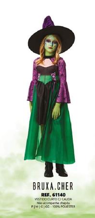 Fantasia Halloween Feminina Bruxa Cher Vestido Com Cauda Luxo