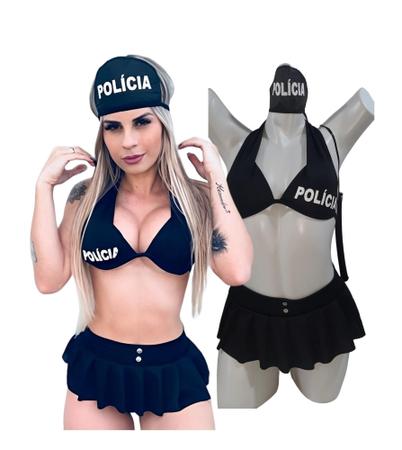 Imagem de Fantasia de Bojo Adulto Policial Conjunto Feminino Lingerie Slin-  Pink e Preta - Veste do 36 ao 44