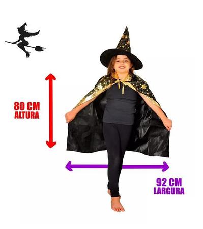 Fantasia Capa de Bruxa Infantil 80cm + Chapéu Halloween