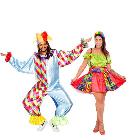 Imagem de Fantasia de Casal Palhacinhos Vestido Palhaça e Macacão Palhaço Longo Adulto Festa Circo Halloween Carnaval Cosplay