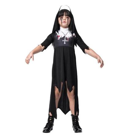 Fantasia Halloween Infantil Noviça do Mal Vestido com Véu em