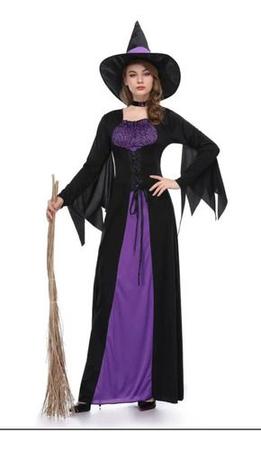 Fantasia Halloween Feminina Vestido De Bruxa Midi C/ Chapéu - H2